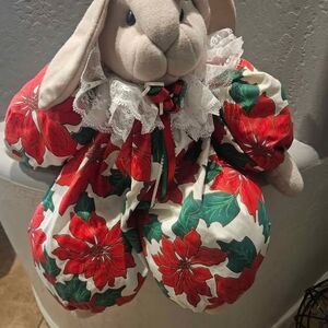 Poinsettia Shelf Sitting Christmas Stuffed Bunny Rabbit 20" Plushie Plushy